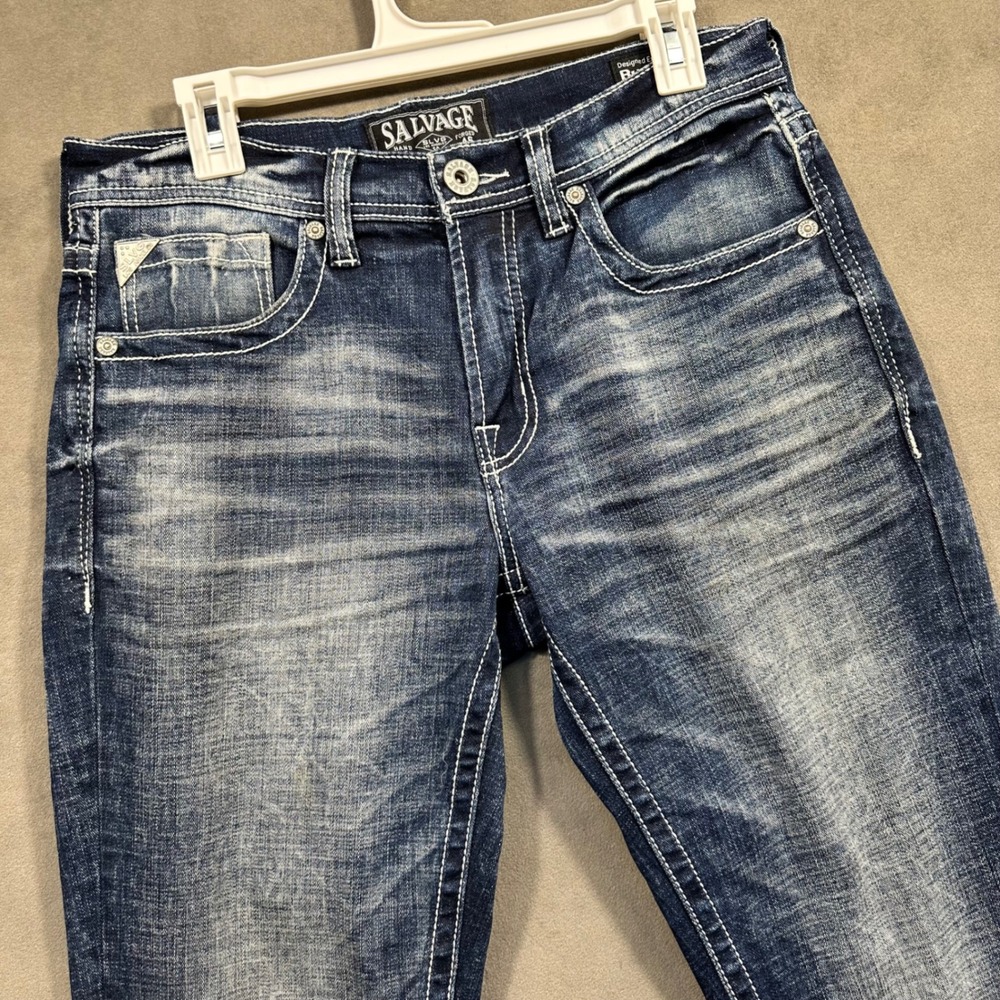 Salvage Jeans Women Blue Distressed Whiskered Contrast Stitch Size 27 Buckle‎